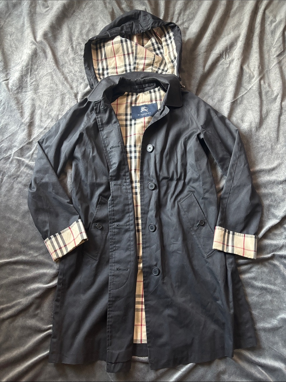 EUC Burberry London Black Hooded Trench Coat with Signature Check Lining